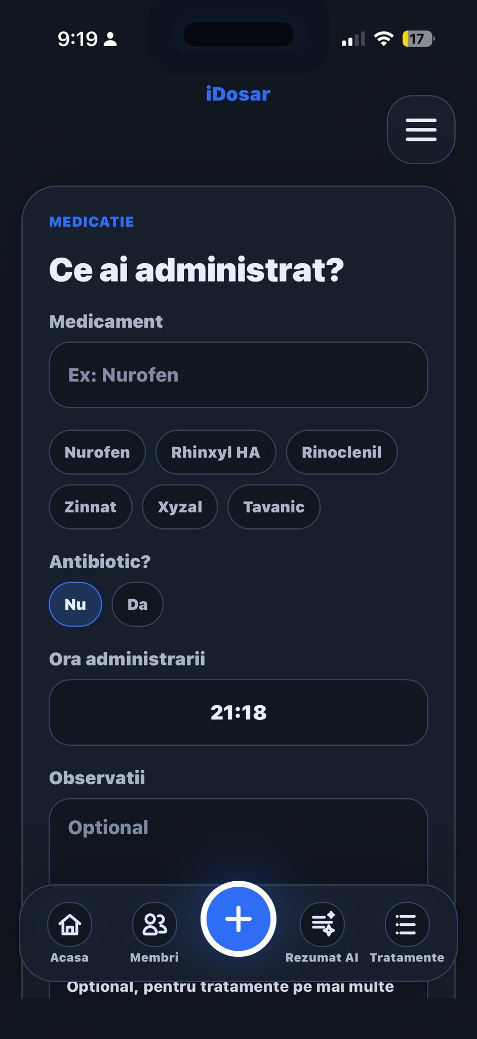 Formular iDosar pentru adaugare medicatie